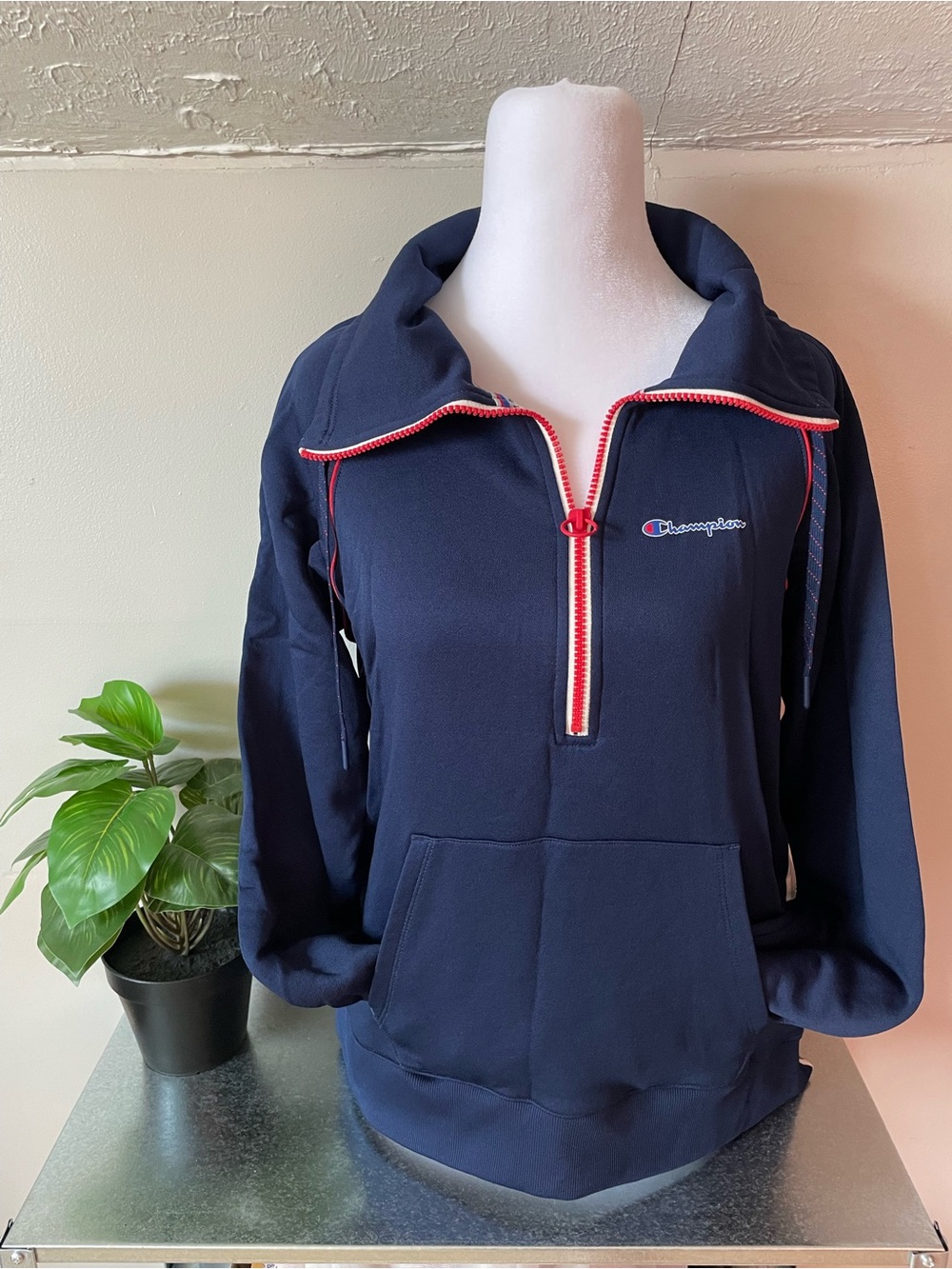 Champion Navy Half-Zip Pullover with Red Trim Accents